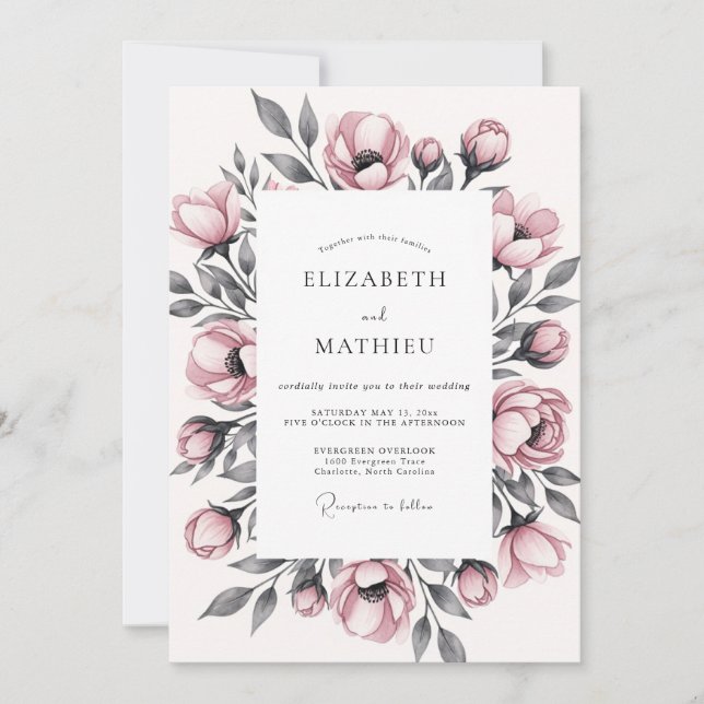 Dusty Rose Floral Romantic Wedding Invitation (Front)