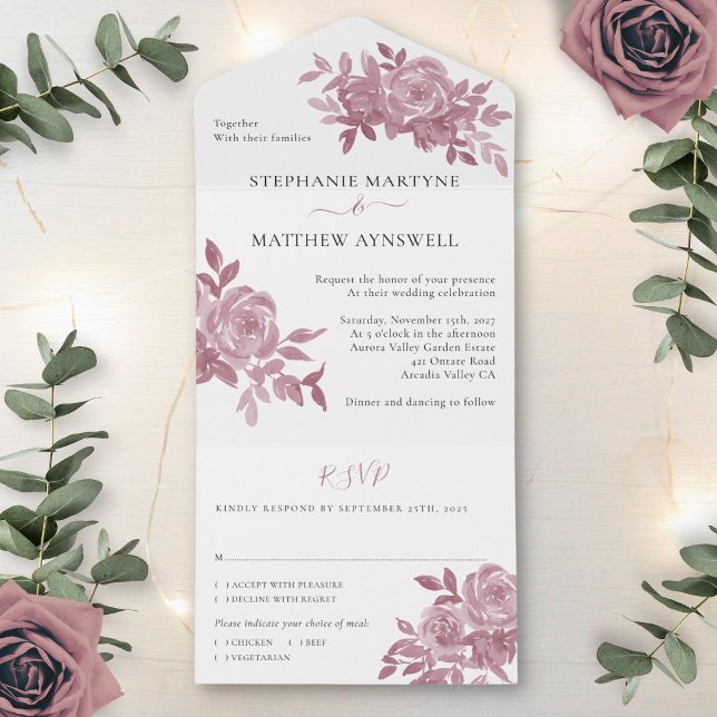 Dusty Rose Floral Roses Foliage Wedding All In One Invitation (Creator Uploaded)