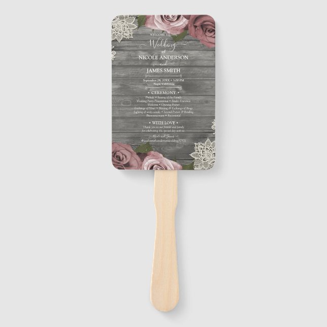 Dusty Rose Floral Roses Rustic Lace Grey Wedding Hand Fan (Front)