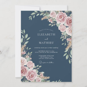Dusty Rose Floral Rustic Wedding Invitation