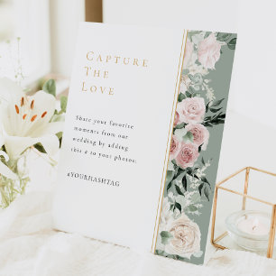 Dusty Rose Floral Sage Green Wedding Hashtag Pedestal Sign