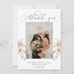 Dusty Rose Floral Script Photo Wedding Thank You 