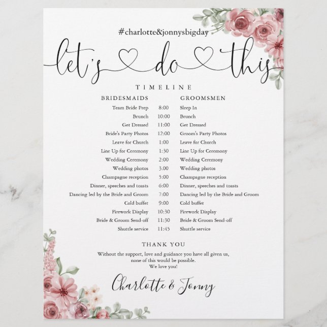 Dusty Rose Floral Script Wedding Schedule Timeline (Front)