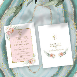 Dusty Rose Floral Spanish 1st Birthday & Baptism Invitation