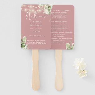 Dusty Rose Floral String Lights Wedding Program Hand Fan