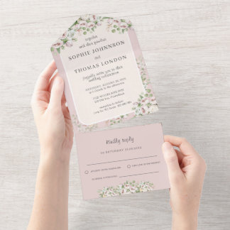Dusty rose floral watercolor wedding all in one invitation