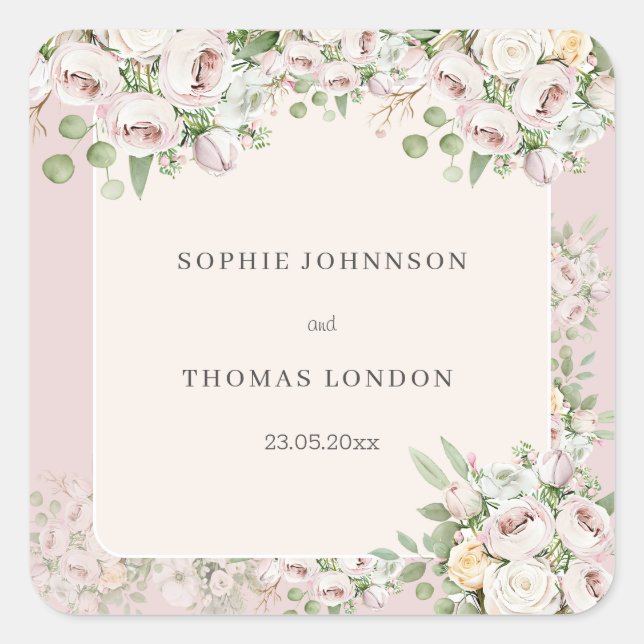 Dusty rose floral watercolor wedding square sticker (Front)