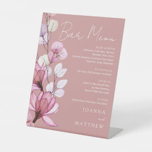 Dusty Rose Floral Wedding Bar Menu Pedestal Sign