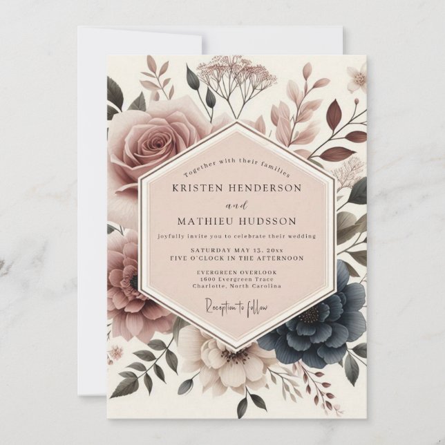 Dusty Rose Floral Wedding Invitation (Front)