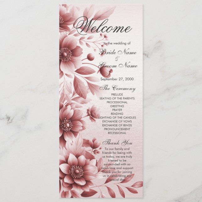 Dusty Rose Floral Wedding Program Programme (Front)