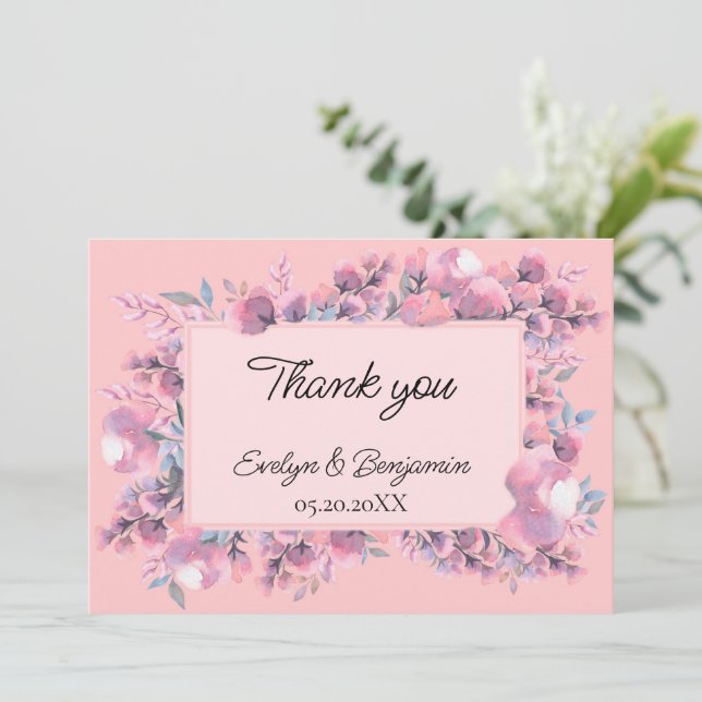 Dusty rose floral wedding  thank you card (Standing Front)