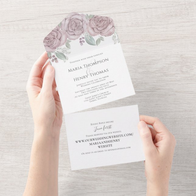 Dusty Rose Floral Wedding Website Guest Addressed All In One Invitation (Tearaway)