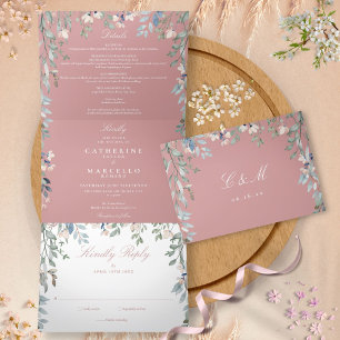 Dusty Rose Floral Wildflowers Photo Wedding Tri-Fold Invitation