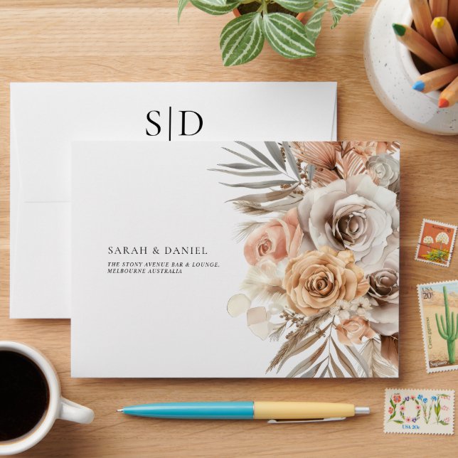 Dusty Rose Floral Wreath Wedding Envelope (Desk)