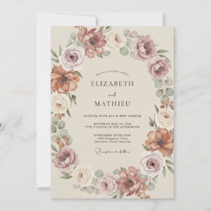 Dusty Rose Floral Wreath Wedding Invitation
