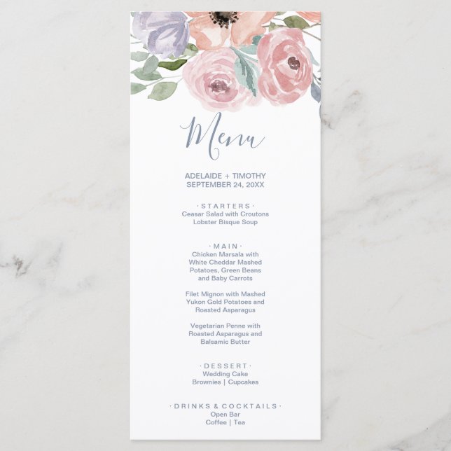 Dusty Rose Florals Dinner Menu Card (Front)