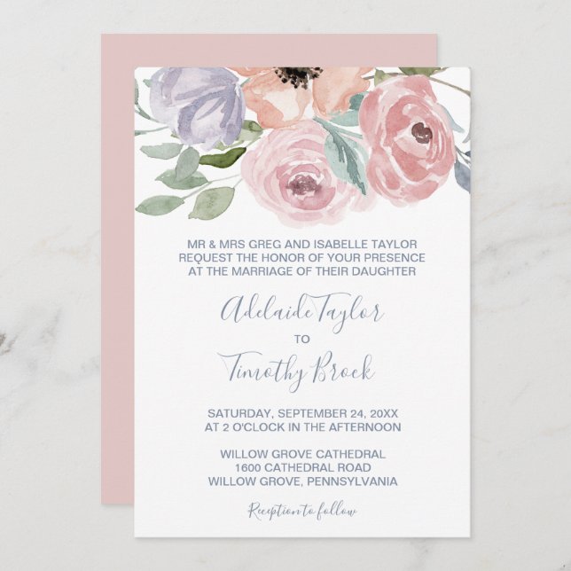 Dusty Rose Florals Formal Wedding Invitation (Front/Back)