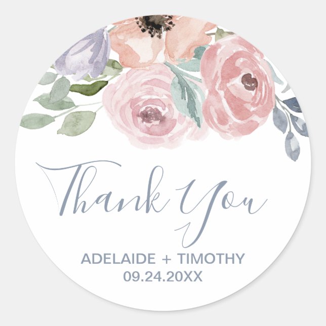 Dusty Rose Florals Thank You Wedding Favour Classic Round Sticker (Front)