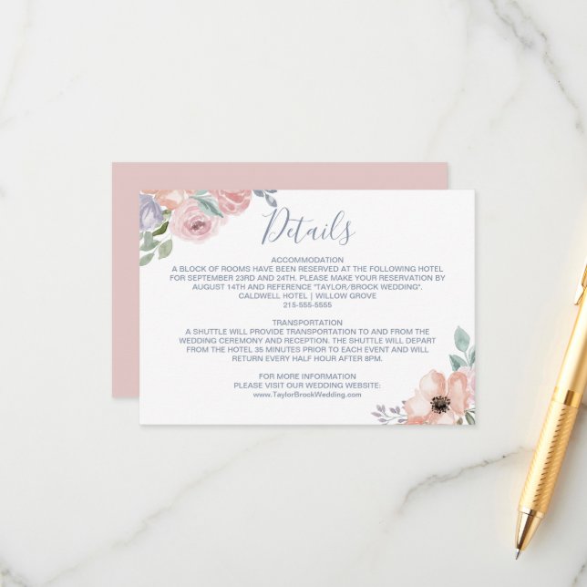 Dusty Rose Florals Wedding Details Card (Front/Back In Situ)
