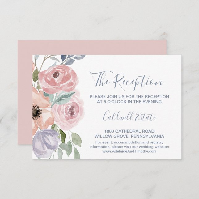 Dusty Rose Florals Wedding Reception Card (Front/Back)