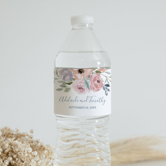 Dusty Rose Florals Wedding Water Bottle Label (Creator Uploaded)
