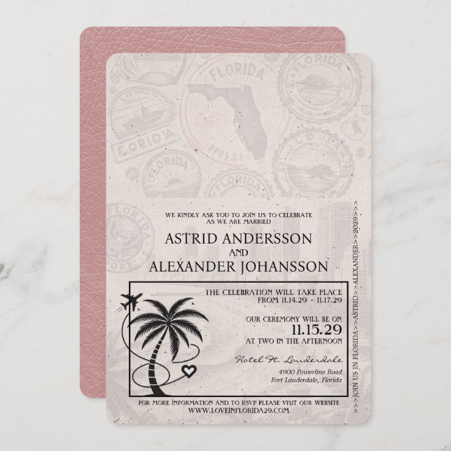 Dusty Rose Florida Passport Wedding Invitation (Front/Back)