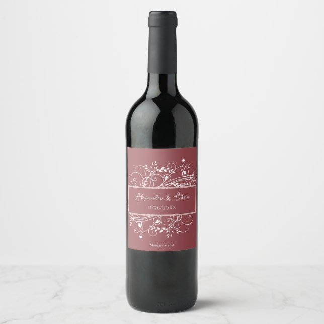 Dusty Rose Flourish Wedding Wine Label (Front)