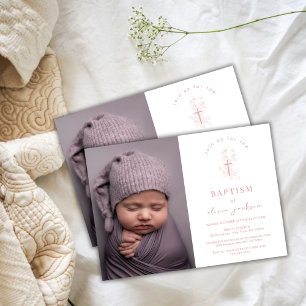 Dusty Rose Flower Cross Christening Photo Baptism  Invitation