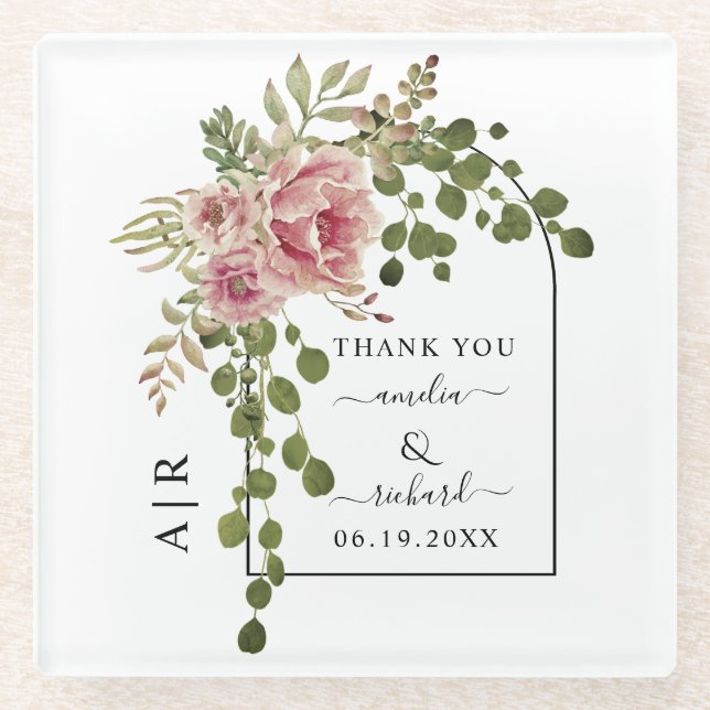 Dusty rose flowers, arch and monogram wedding glass coaster (Front)