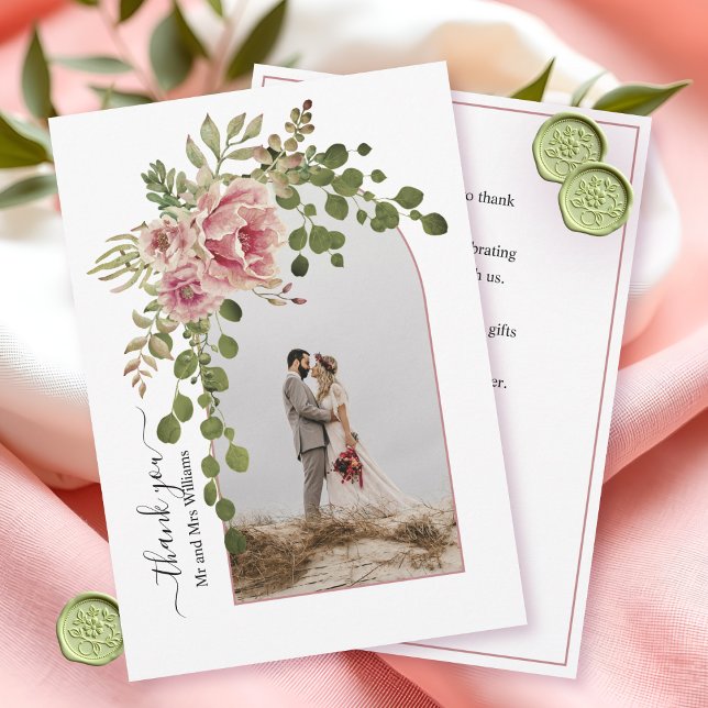 Dusty rose flowers, arch with photo wedding thank you card (Creator Uploaded)