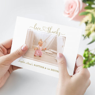 Dusty Rose Flowers Girl Photo 1st Birthday Baptism Thank You Card