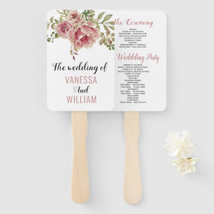 Dusty rose flowers typography wedding program hand fan