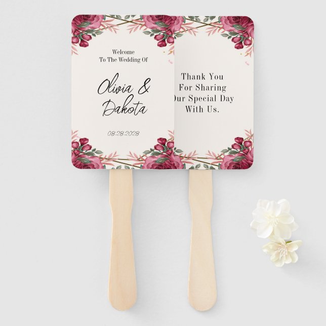 Dusty Rose Geometric Floral Wedding Thank You Hand Fan (Front and Back)