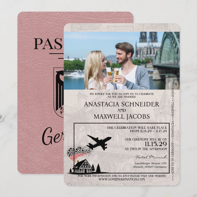 Dusty Rose Germany Passport Wedding Invitation (Front/Back)
