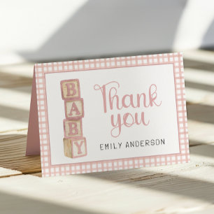 Dusty Rose Gingham Baby Thank You Card   Blocks