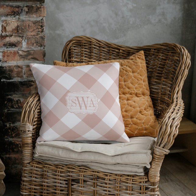 Dusty Rose Gingham Monogram | Farmhouse Porch Cushion (Creator Uploaded)