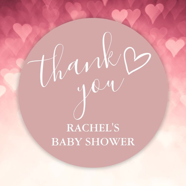 Dusty Rose Girl Baby Shower Script Heart Thank You Classic Round Sticker (Dusty Rose Girl Baby Shower Script Heart Thank You Classic Round Sticker)