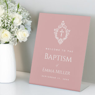 Dusty Rose Girl Baptism Welcome Cross & Crest Pink Pedestal Sign