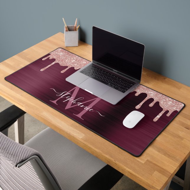 Dusty Rose Glitter Drip Burgundy Glam Monogram Desk Mat (Office 2)