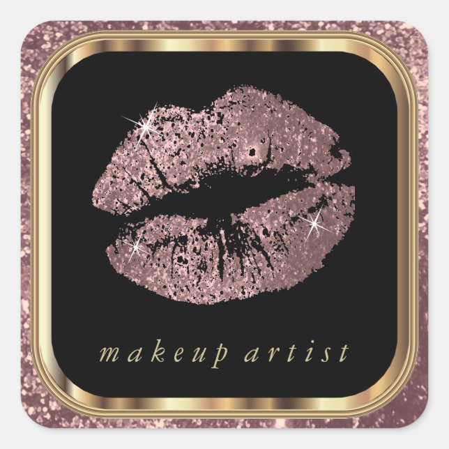 Dusty Rose Glitter Lips and Stylish Gold Font Square Sticker (Front)