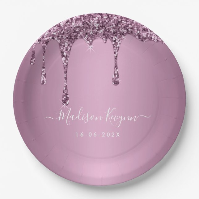  Dusty Rose Glitter Wedding Paper Plate (Front)
