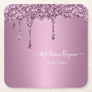  Dusty Rose Glitter Wedding Square Paper Coaster