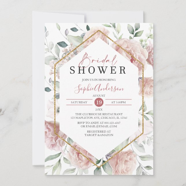  Dusty Rose Gold and Eucalyptus Boho Bridal Shower Invitation (Front)