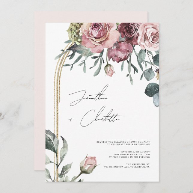 Dusty Rose & Gold Arch Modern Blush Wedding Invitation (Front/Back)