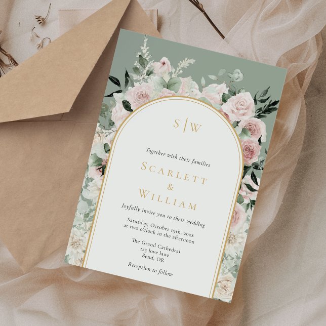 Dusty Rose Gold Arch Sage Green Monogram Wedding Invitation (Creator Uploaded)