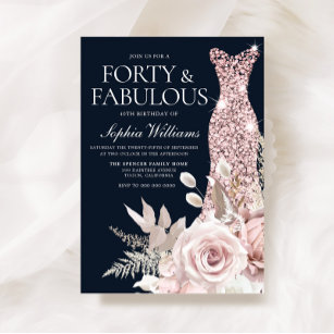 Dusty Rose Gold Blush Dress Floral 40th Birthday Invitation