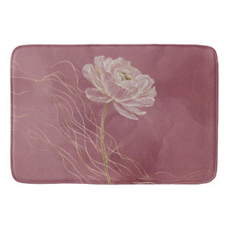 Dusty Rose Gold Floral Line Art Elegant Bath Mat
