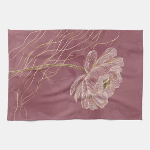 Dusty Rose Gold Floral Line Art Elegant Tea Towel
