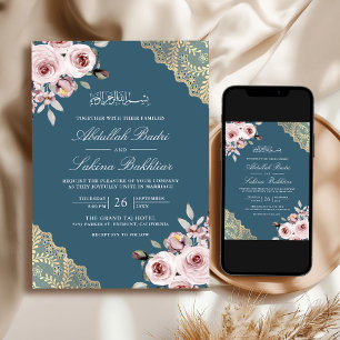 Dusty Rose Gold Lace QR Code Blue Muslim Wedding Invitation