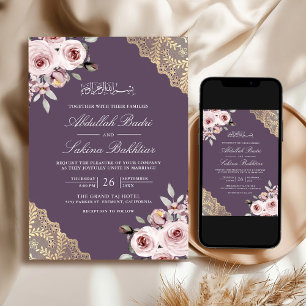 Dusty Rose Gold Lace QR Code Purple Muslim Wedding Invitation